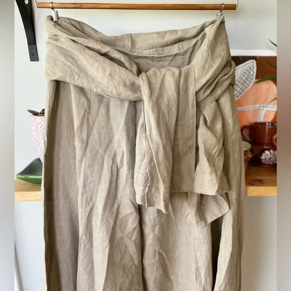 Sarah Pacini Oatmeal Beige Linen Harem Wide Leg Designer Pants with Sash Belt M - Picture 9 of 12